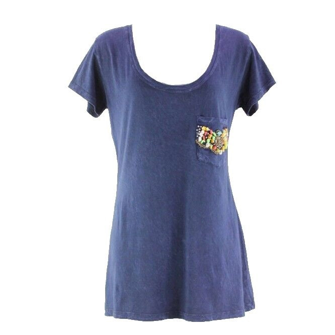 Awake Sz S Navy 100% Cotton Multi Rock Bead Rhinestones Pocketed Top