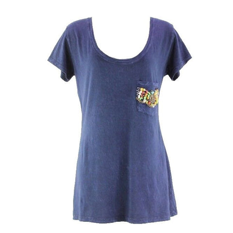 Awake Sz S Navy 100% Cotton Multi Rock Bead Rhinestones Pocketed Top
