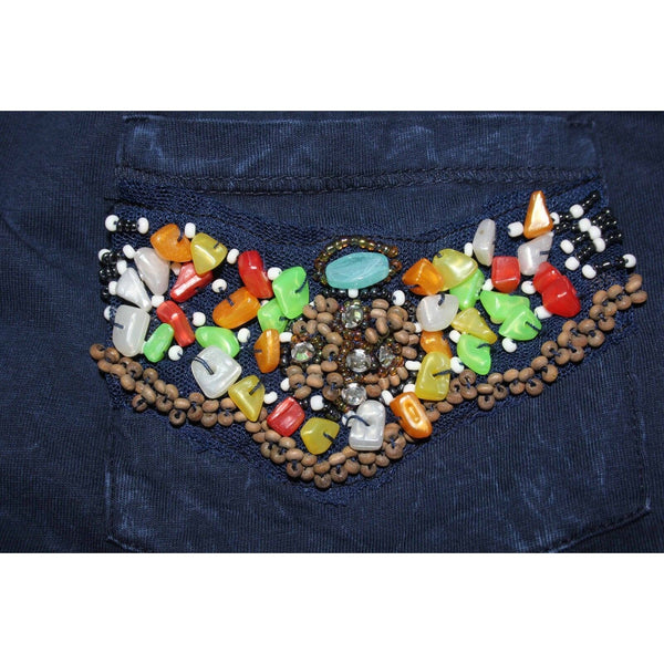 Awake Sz S Navy 100% Cotton Multi Rock Bead Rhinestones Pocketed Top