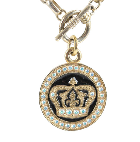 Tommassini 1" Round AB Stones Crown Pendant 17" Goldtone Toggle Necklace