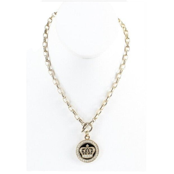 Tommassini 1" Round AB Stones Crown Pendant 17" Goldtone Toggle Necklace
