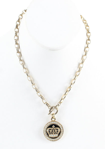 Tommassini 1" Round AB Stones Crown Pendant 17" Goldtone Toggle Necklace
