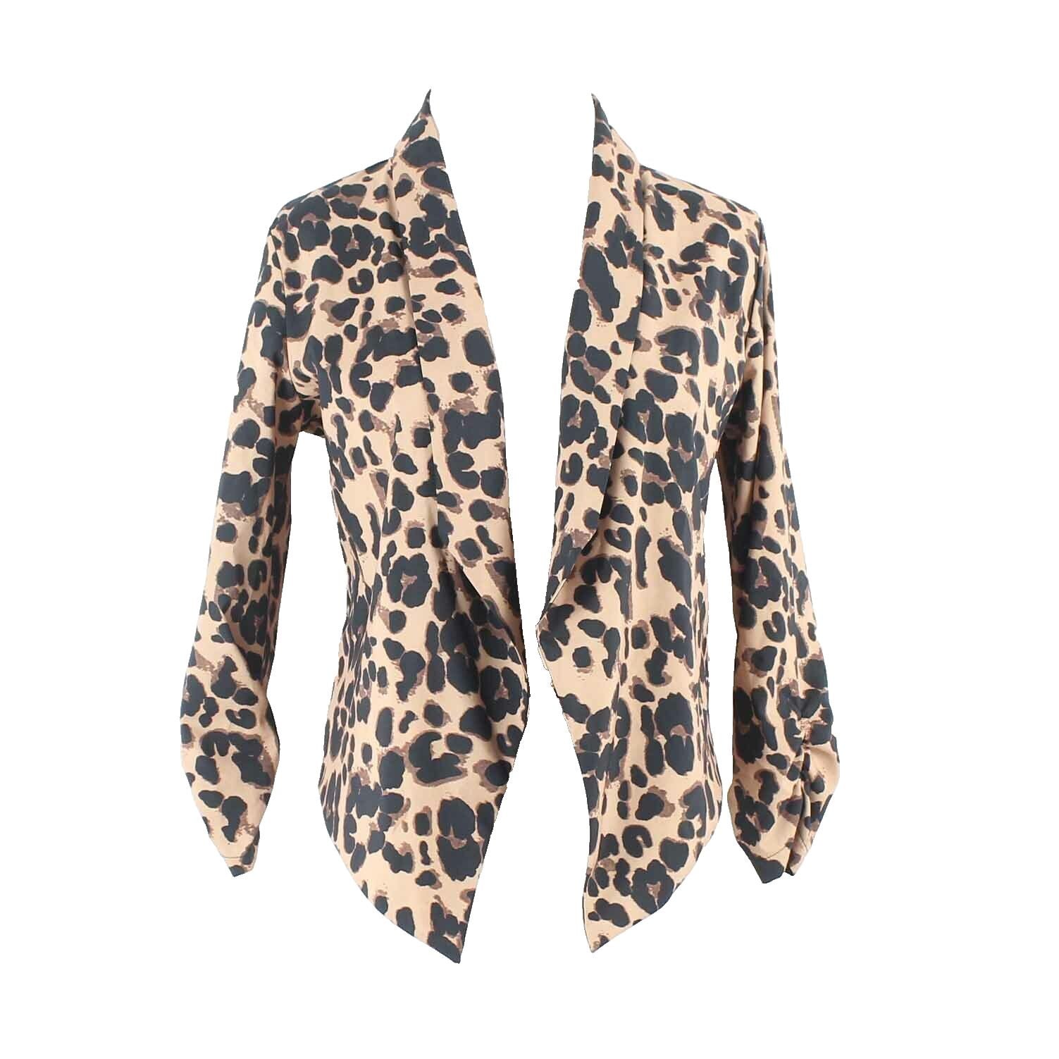 Michel Sz S Black Brown Animal Print Open Front 100% Polyester Jacket