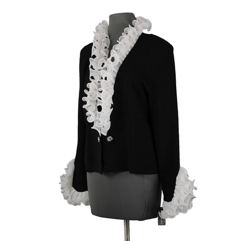 Terani NEW $2100 Sz 12 Black White Ruffled Pleated Wool Rayon Jacket