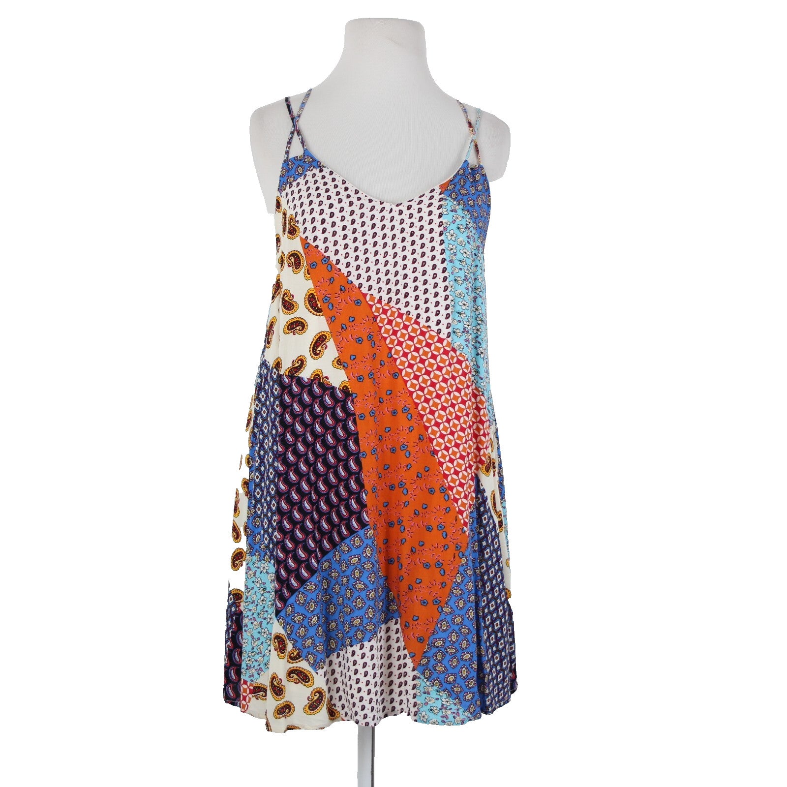 Entro Sz M Cream Blue Orange Multi Color Strappy Lined 100% Rayon Dress