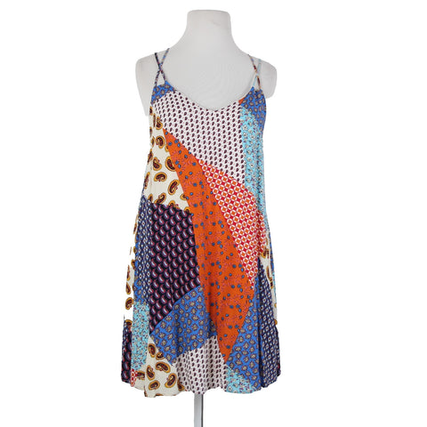 Entro Sz M Cream Blue Orange Multi Color Strappy Lined 100% Rayon Dress