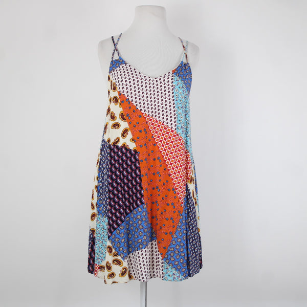 Entro Sz M Cream Blue Orange Multi Color Strappy Lined 100% Rayon Dress