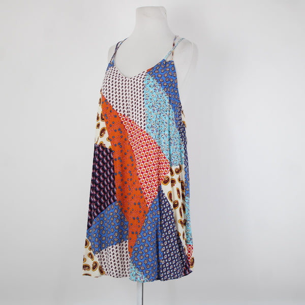Entro Sz M Cream Blue Orange Multi Color Strappy Lined 100% Rayon Dress