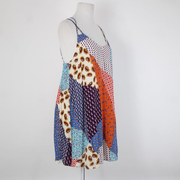 Entro Sz M Cream Blue Orange Multi Color Strappy Lined 100% Rayon Dress