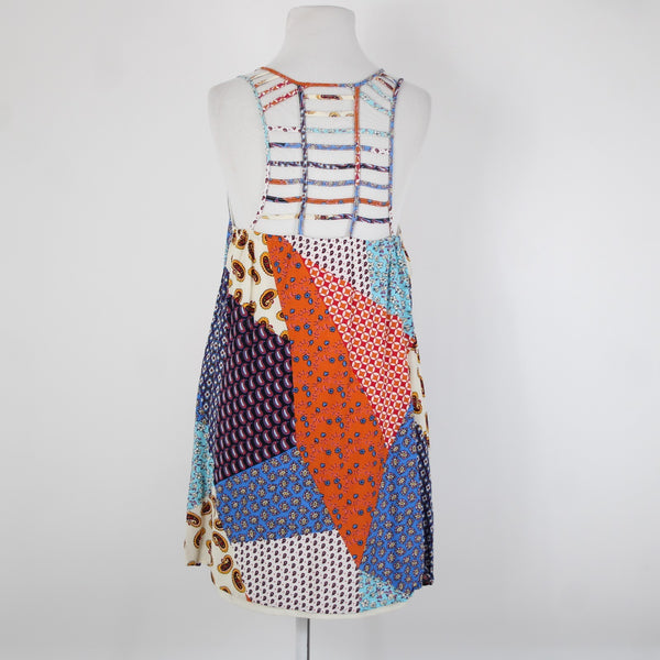 Entro Sz M Cream Blue Orange Multi Color Strappy Lined 100% Rayon Dress