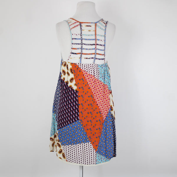 Entro Sz M Cream Blue Orange Multi Color Strappy Lined 100% Rayon Dress