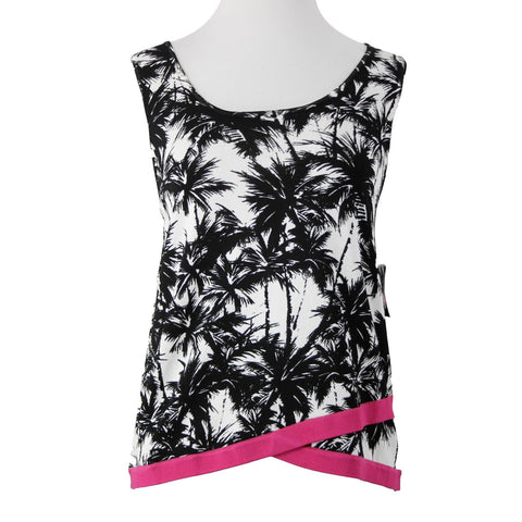 INC NEW Tropical Bloom Sz XL Black White Magenta Palm Sunset Asymmetic Rayon Top