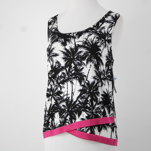 INC NEW Tropical Bloom Sz XL Black White Magenta Palm Sunset Asymmetic Rayon Top