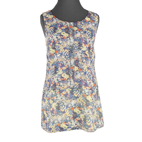 CAbi NEW $86 Sz S Navy Blue Yellow Multi 2.5 Layers Chiffon Poly Flowy Top