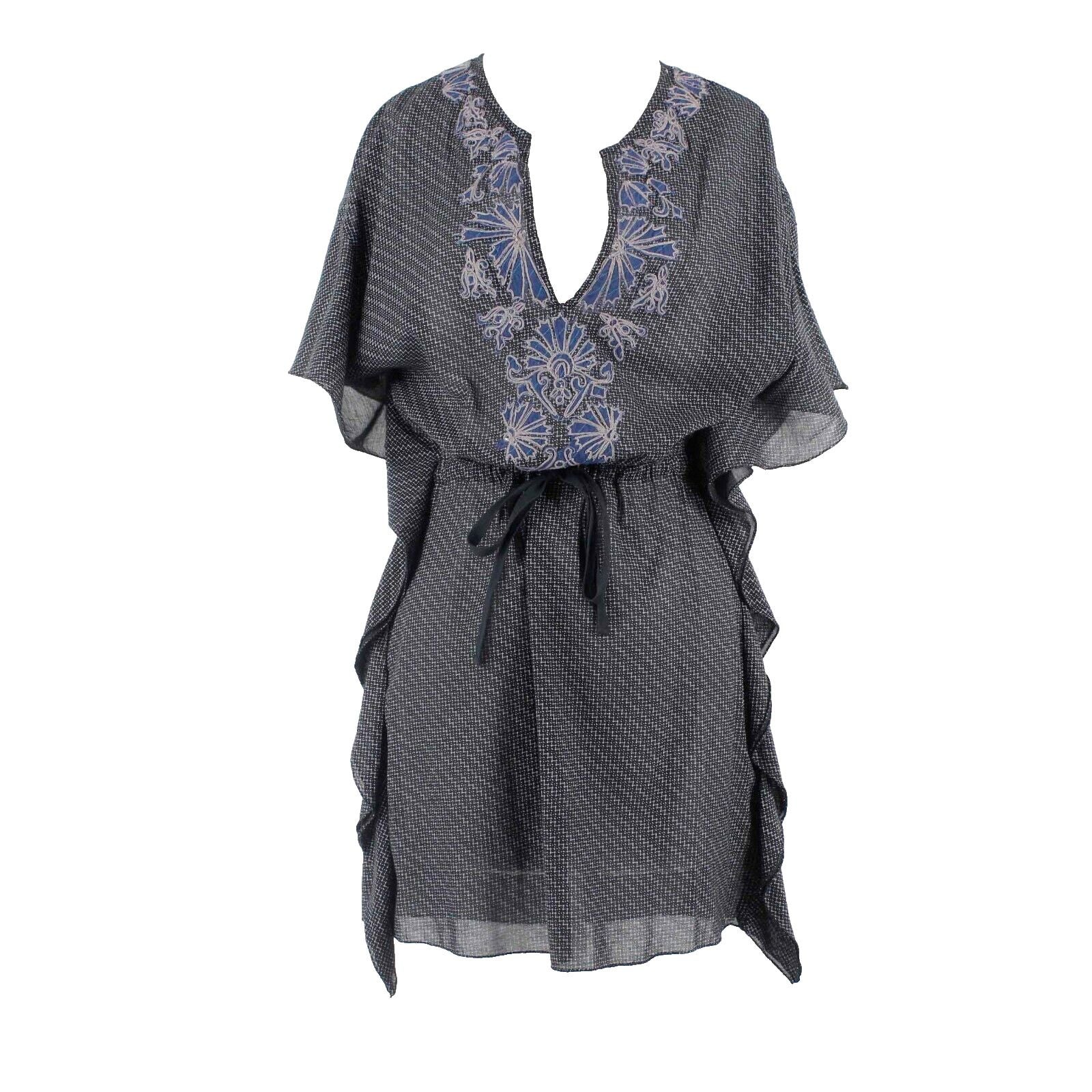 Free People Sz 2 Black Blue Multi Ruffle Sides Applique V Rayon Blend Dress