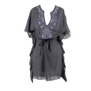 Free People Sz 2 Black Blue Multi Ruffle Sides Applique V Rayon Blend Dress