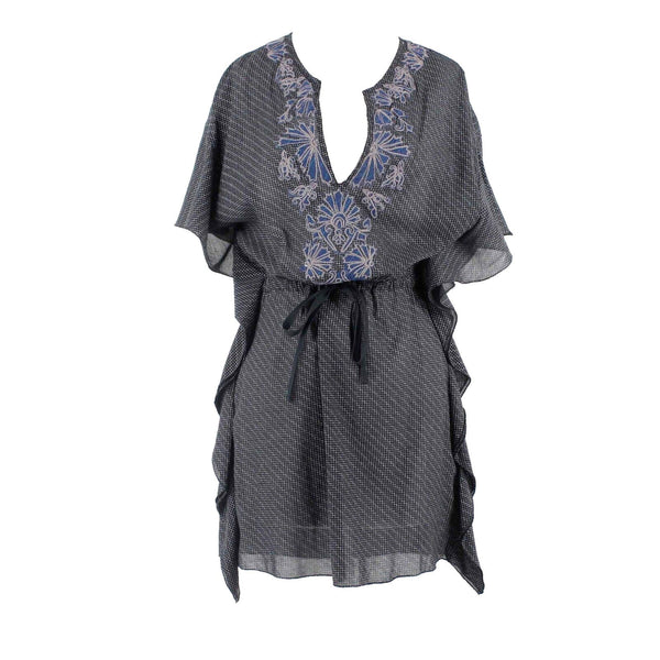 Free People Sz 2 Black Blue Multi Ruffle Sides Applique V Rayon Blend Dress