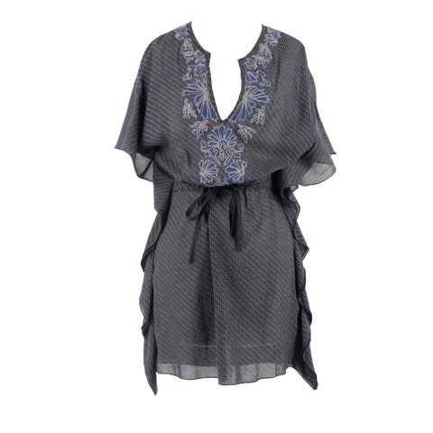 Free People Sz 2 Black Blue Multi Ruffle Sides Applique V Rayon Blend Dress