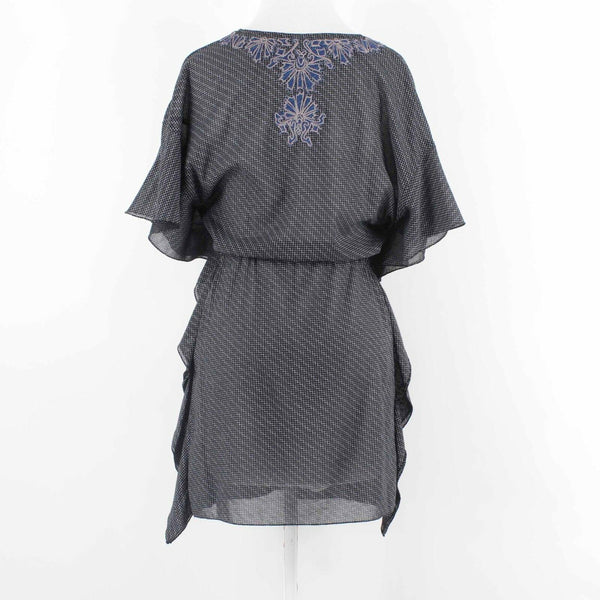 Free People Sz 2 Black Blue Multi Ruffle Sides Applique V Rayon Blend Dress
