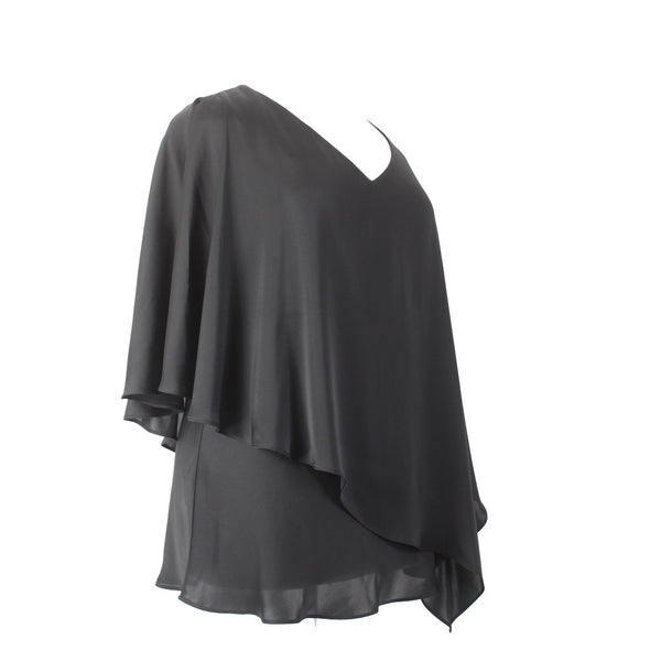Joseph Ribkoff Top Signature Sz 18 Black V Neck Layered Cold Shoulder Cape Top