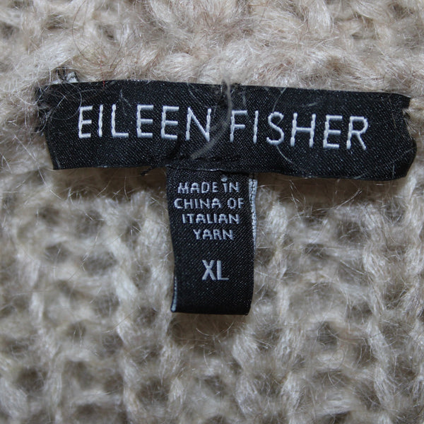 Eileen Fisher Wrap Sz XL Tan Collared Hooded Asymmetrical Mohair Nylon Wool Wrap