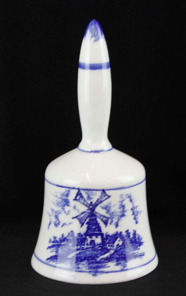 Delft? 4.75" x 2" White Blue Crackle Glaze Windmill Floral Themed Bell G55022