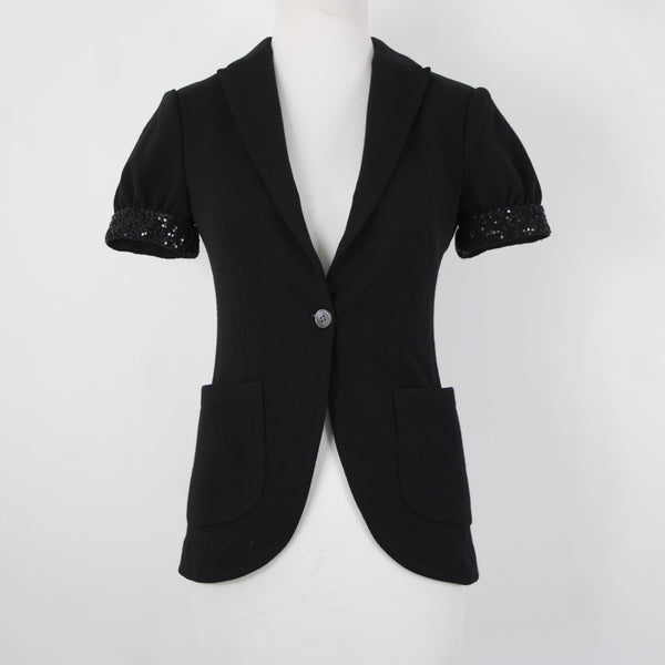 Issli Sz 2 Black Short Sleeve Sequin Trim Sleeve 100% Wool Knit Blazer Jacket
