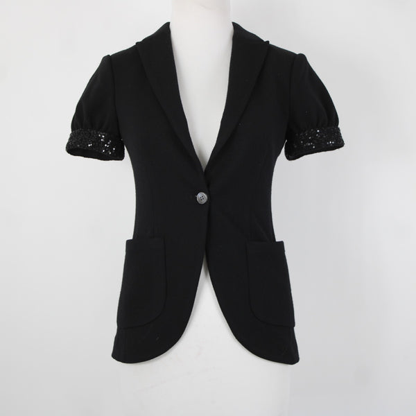 Issli Sz 2 Black Short Sleeve Sequin Trim Sleeve 100% Wool Knit Blazer Jacket