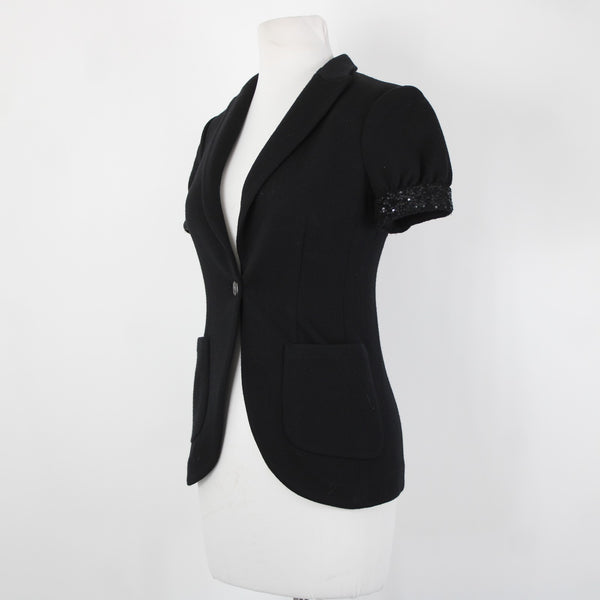 Issli Sz 2 Black Short Sleeve Sequin Trim Sleeve 100% Wool Knit Blazer Jacket