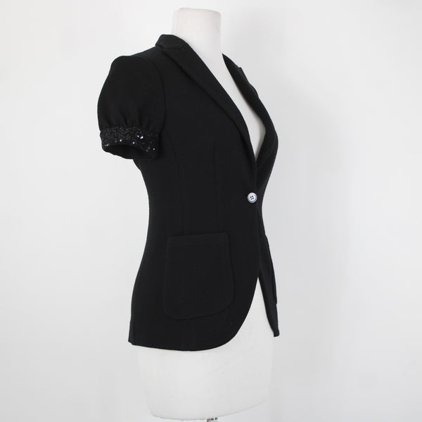 Issli Sz 2 Black Short Sleeve Sequin Trim Sleeve 100% Wool Knit Blazer Jacket