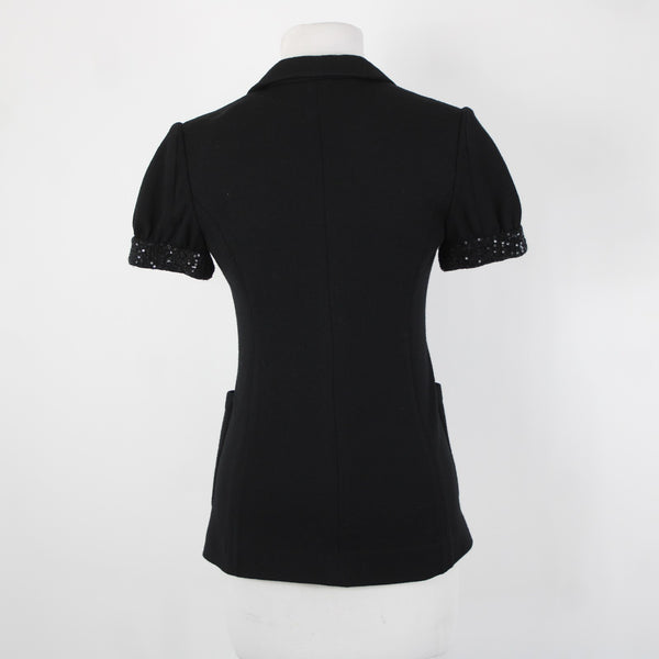 Issli Sz 2 Black Short Sleeve Sequin Trim Sleeve 100% Wool Knit Blazer Jacket