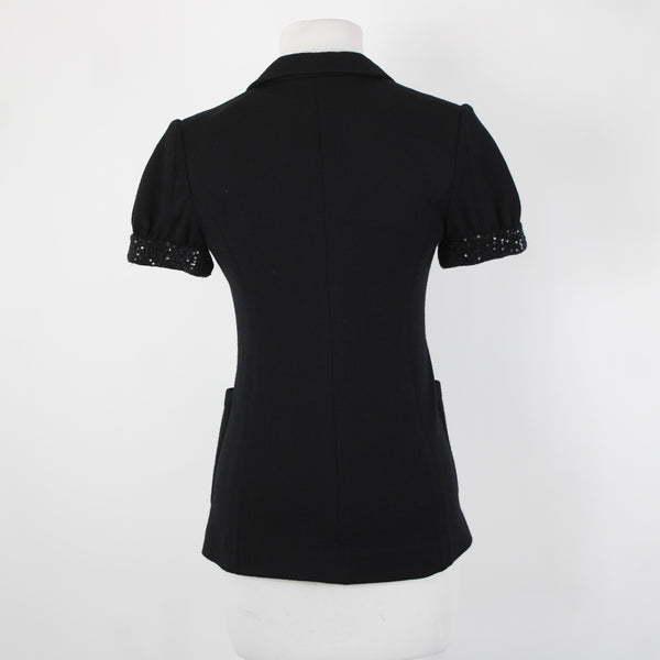 Issli Sz 2 Black Short Sleeve Sequin Trim Sleeve 100% Wool Knit Blazer Jacket