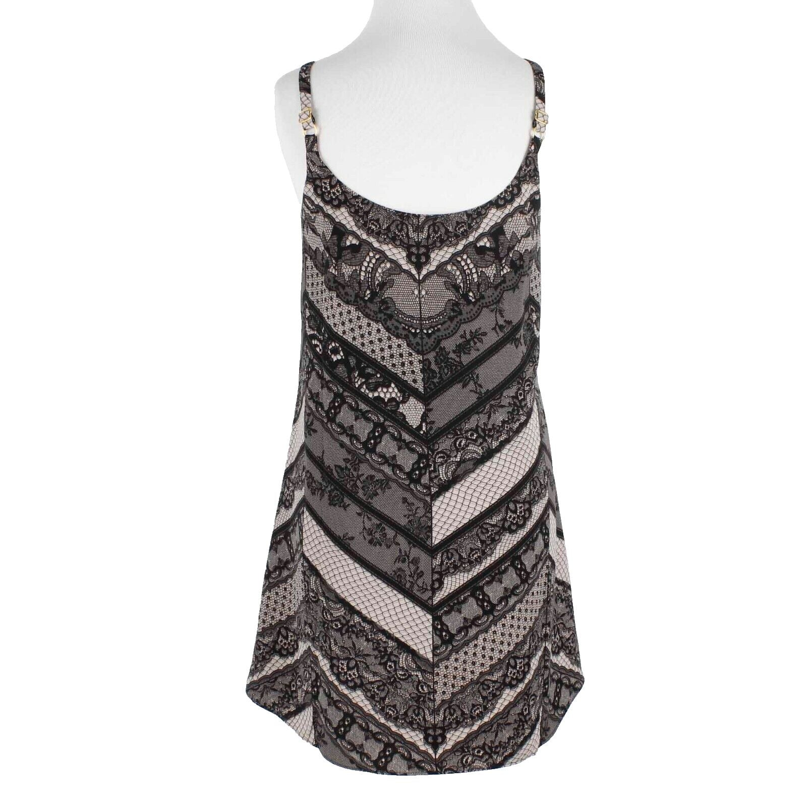 CAbi Sz S Black Taupe Lace Print Lined Adj. Straps Hi Lo Poly Woven Top