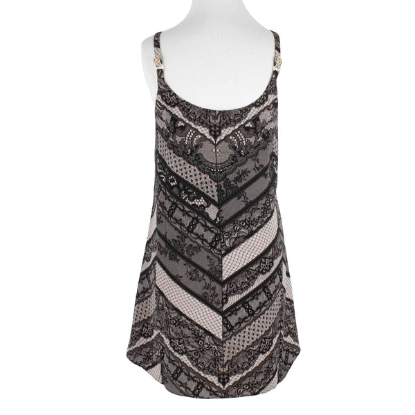 CAbi Sz S Black Taupe Lace Print Lined Adj. Straps Hi Lo Poly Woven Top