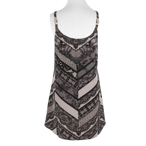 CAbi Sz S Black Taupe Lace Print Lined Adj. Straps Hi Lo Poly Woven Top