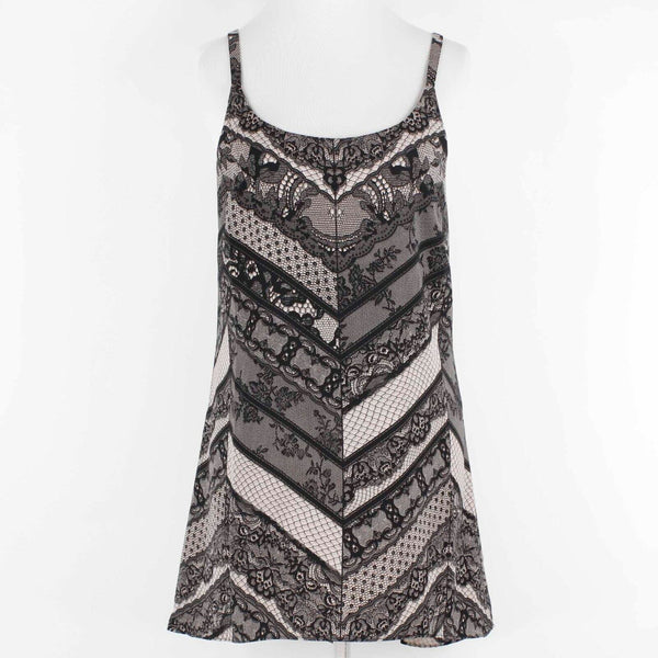 CAbi Sz S Black Taupe Lace Print Lined Adj. Straps Hi Lo Poly Woven Top