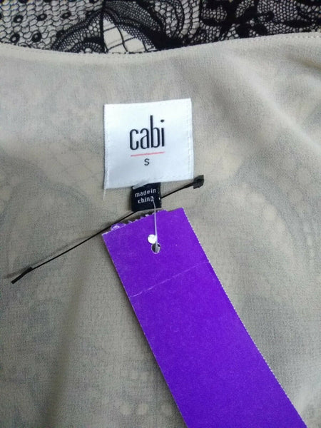 CAbi Sz S Black Taupe Lace Print Lined Adj. Straps Hi Lo Poly Woven Top