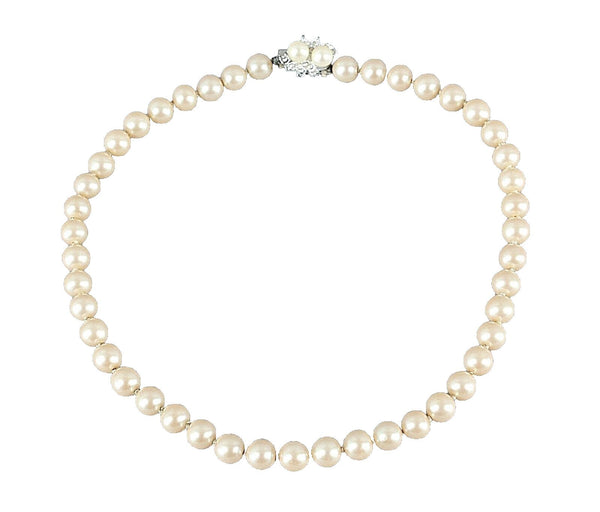 Pearls Cream Silvertone Rhinestone Clasp Single Strand Necklace Marked Japan