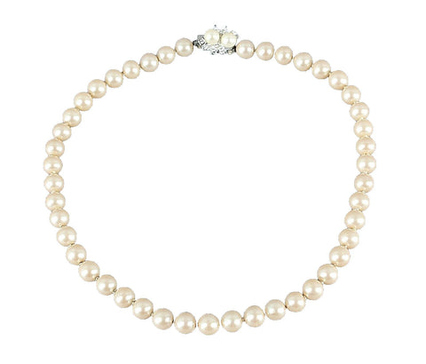 Pearls Cream Silvertone Rhinestone Clasp Single Strand Necklace Marked Japan