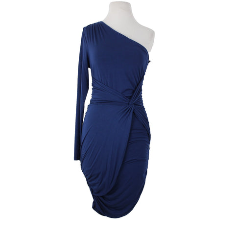 Tart Sz M Navy Blue One Shoulder Ruching Micro Modal Spandex Body Con Dress