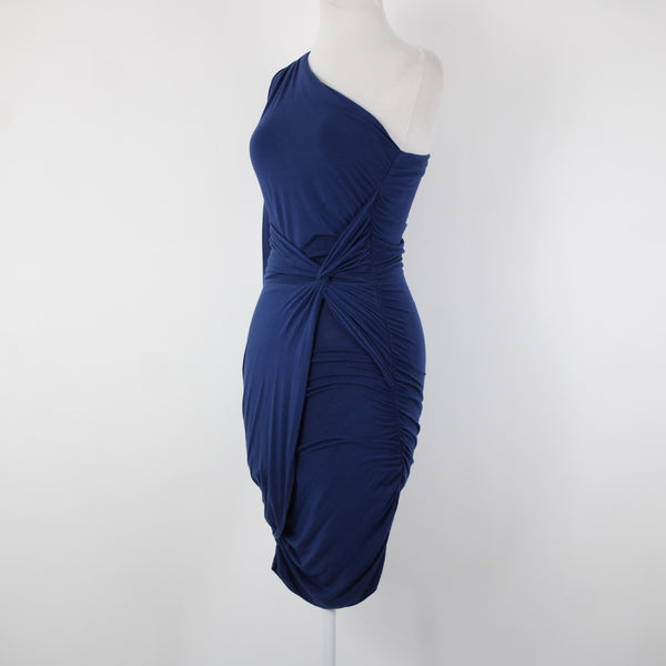 Tart Sz M Navy Blue One Shoulder Ruching Micro Modal Spandex Body Con Dress