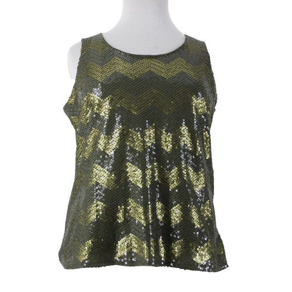 Coldwater Creek Top NEW $75 Sz 1x Green Olive Sequin Chevron Poly Cotton Top
