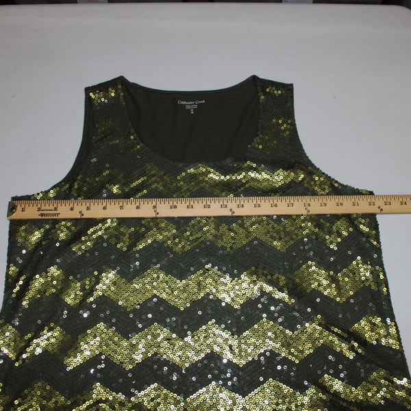 Coldwater Creek Top NEW $75 Sz 1x Green Olive Sequin Chevron Poly Cotton Top