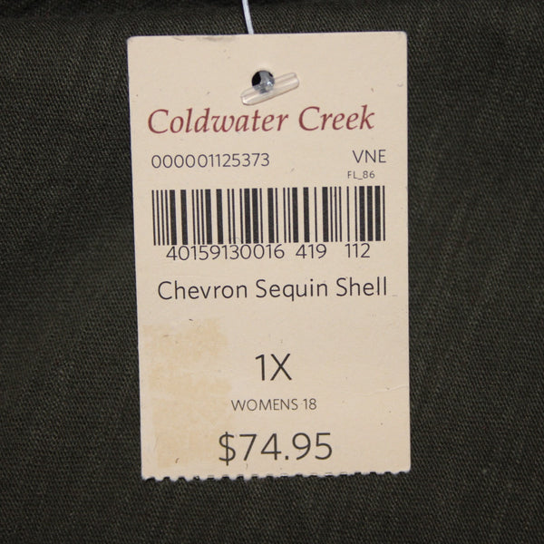 Coldwater Creek Top NEW $75 Sz 1x Green Olive Sequin Chevron Poly Cotton Top