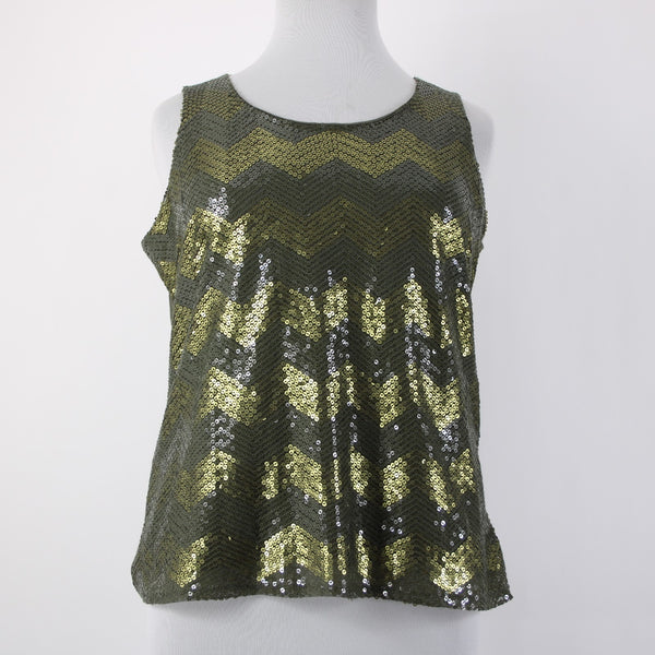 Coldwater Creek Top NEW $75 Sz 1x Green Olive Sequin Chevron Poly Cotton Top