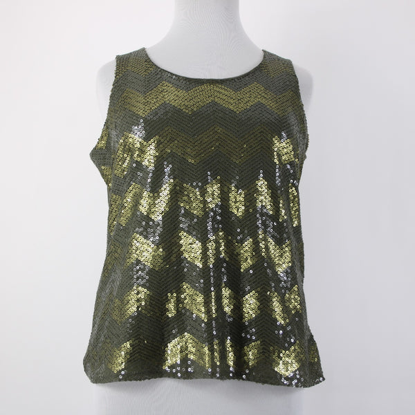 Coldwater Creek Top NEW $75 Sz 1x Green Olive Sequin Chevron Poly Cotton Top