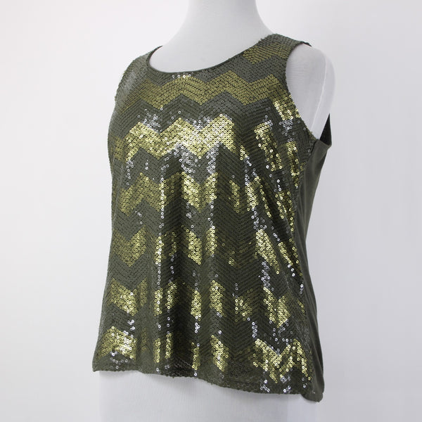 Coldwater Creek Top NEW $75 Sz 1x Green Olive Sequin Chevron Poly Cotton Top