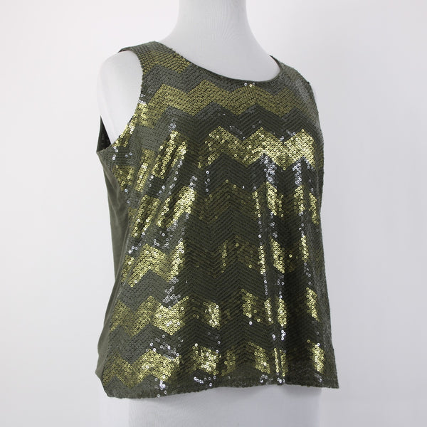 Coldwater Creek Top NEW $75 Sz 1x Green Olive Sequin Chevron Poly Cotton Top