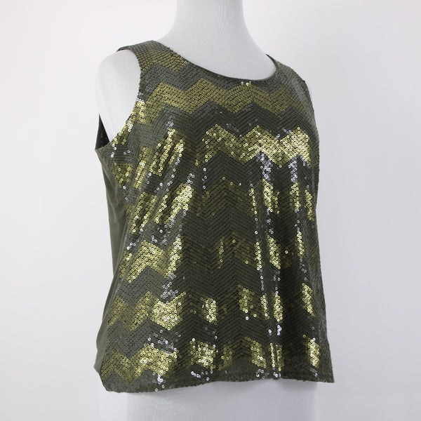 Coldwater Creek Top NEW $75 Sz 1x Green Olive Sequin Chevron Poly Cotton Top