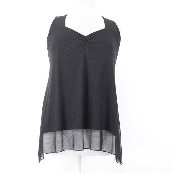 Unsure Brand Top New $189 Sz 52 Black Layered V Neck Ruching Sleeveless Poly Top